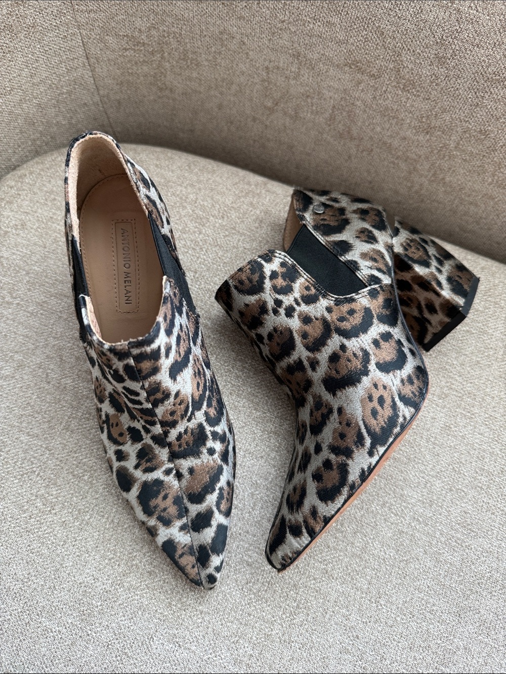 ANTONIO MELANI Leopard-Print Pointed Toe Ankle Booties in Brown and Black